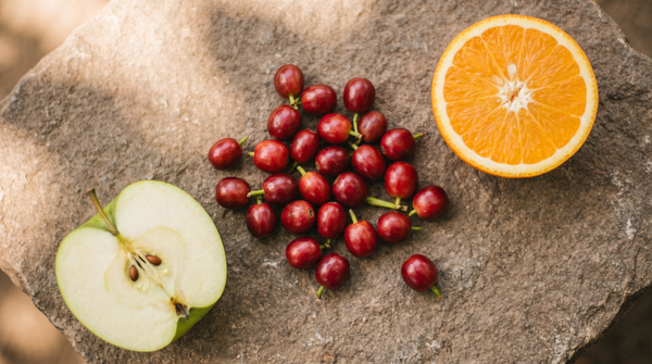 Ripe coffee cherries with a sliced green apple and orange, illustrating the fruit origin of coffee's acidity
