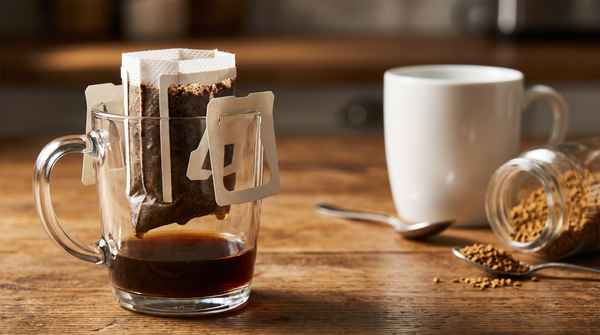 A drip bag coffee filter hooked over a glass mug in sharp focus, with a jar of instant coffee granules blurred in the background